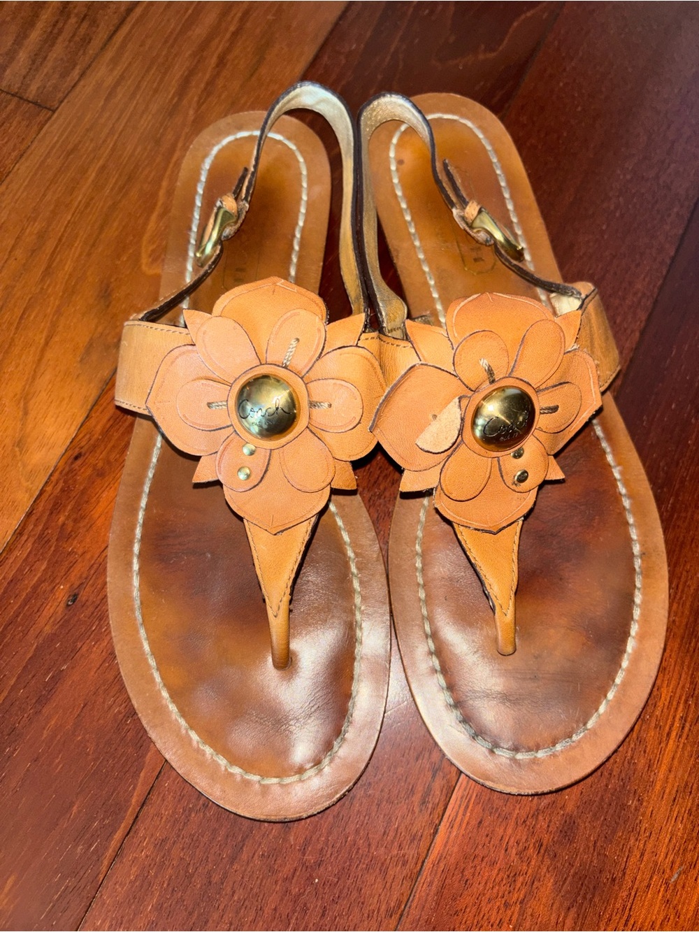 Coach Tan Leather Floral Thong Sandals with Gold-Tone Studs
